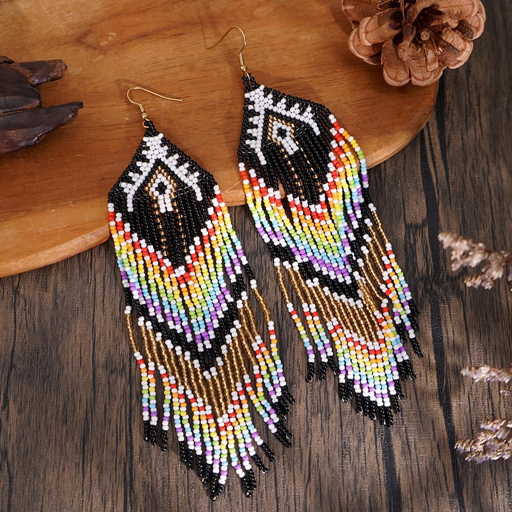 Bohemian Tassel Colorful Beaded Earrings For Women Trendy, Long Fringe Feather Drop Jewelry Handmade Gifts. - Image 3