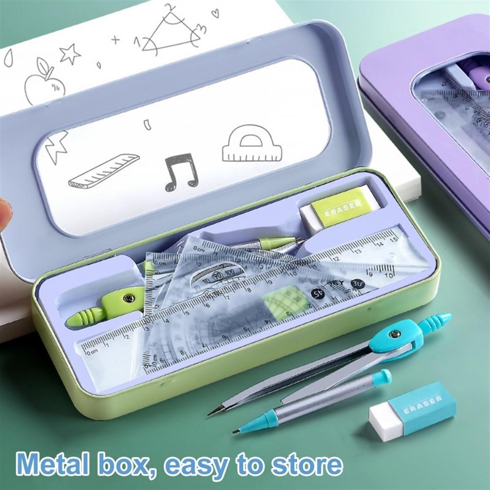 Set di matematica Set di goniometro Bussola da disegno 7 pezzi Kit di geometria matematica Set Forniture for studenti Set di geometria scolastica compreso righello, goniometro, bussola, piombo, scatol