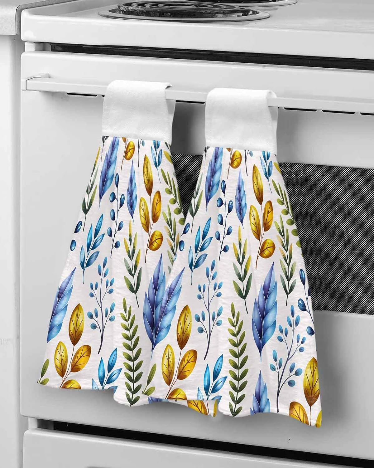 Watercolor Botanical Kitchen Hand Towels with Hanging Loops Set of 2 Blue Yellow Leaves Floral Plants Spring Soft Thick Oven Fingertip Dry Microfiber Tie Dish Towel Absorbent Cleaning Washcloth