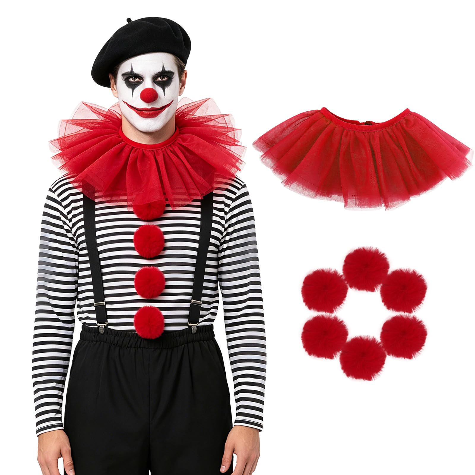 FakeFace Tulle Clown Ruffled Collar RetroRenaissance Neck Ruff Mesh Layered Clown Neck Collar Costume Circus Halloween Stage Play Props (Red White with Red Pompoms, one size)