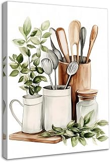 Dazzlewall Aquarell Botanische Küchen Wandkunst, Salbei-Grün Eukalyptusblätter und Küchenutensilien Poster für Küche Esszimmer Wanddeko Mit Rahmen 30x40 cm