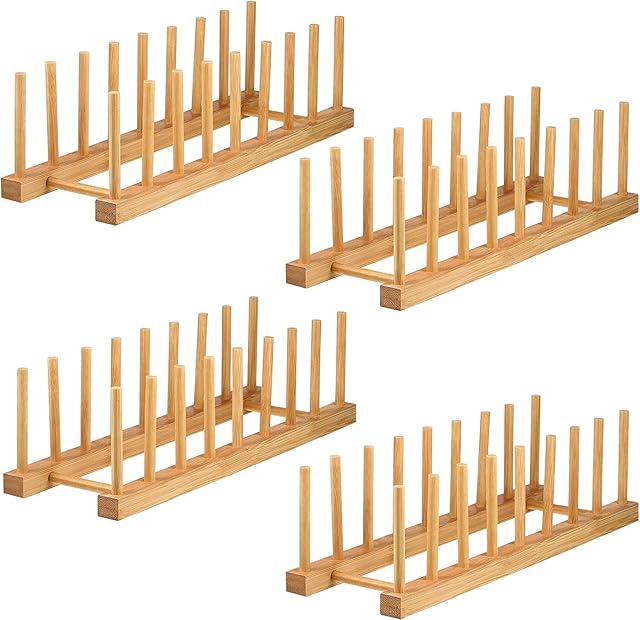 Lawei 4 Pack Bamboo Wooden Dish Rack - Plate Rack Stand Pot Lid Holder, Kitchen Cabinet Organizer for Bowl, Cup, Cutting Board and More