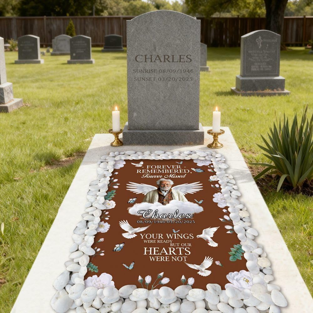Personalized Memorial Grave Blankets Cover Custom Photo Name Date Waterproof Flowers Funeral Blanket Cover for Your Loved One Cemetery Decor Forever Remembered Forever Missed 2x5 Ft Purple