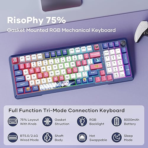 Miniatura 3 de RisoPhy Teclado mecánico inalámbrico, 98 teclas RGB Junta 2.4GHzWiredBluetooth teclado con interruptor lineal de alta fidelidad personalizado,