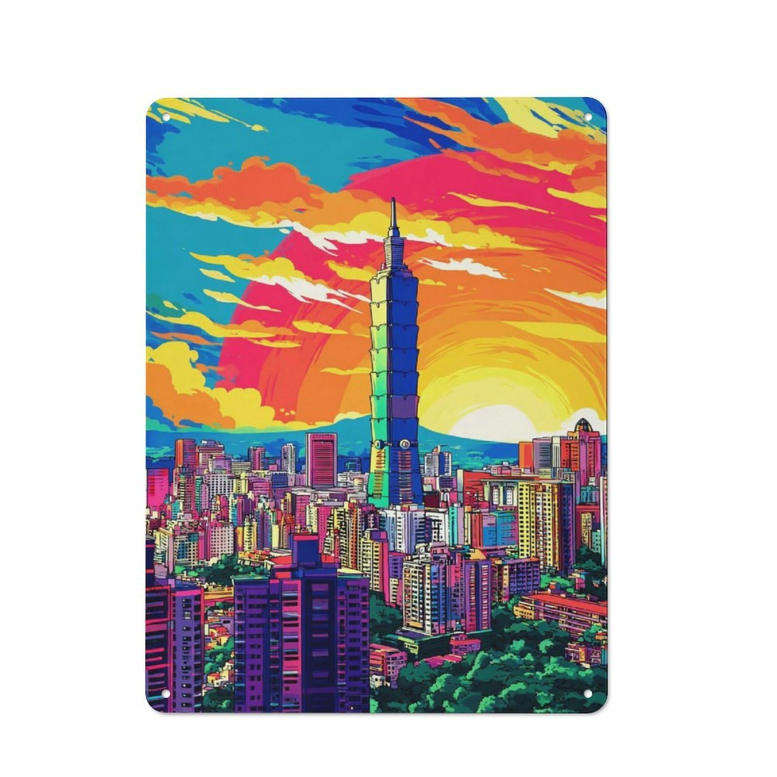 Junmoney Vibrant Cityscape With Iconic Tower Retro Metal Plaque 40X30cm For Guest Room Or Hallway, Housewarming Present For People Styling Guest Room And Hallway