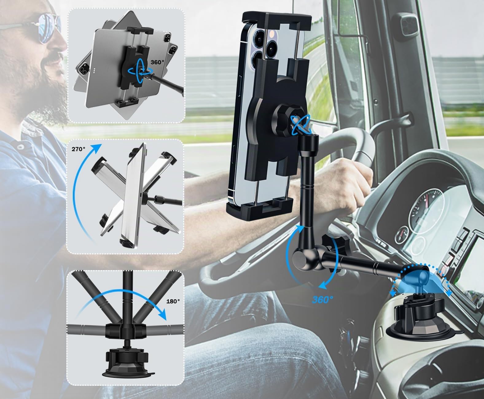 Soporte Tablet de Coche/Camión para Salpicadero Parabrisas | Soporte Tablet Ventosa Coche Resistente con Brazo de Metal para iPad Pro/Air/Mini, Galaxy, Lenovo, iPhone, Móvil e 4~12,9"