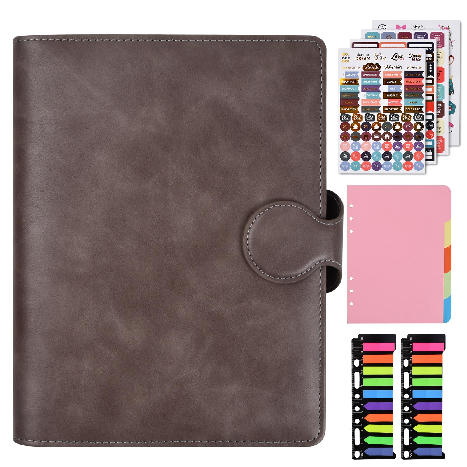 A5 Classeur à Anneaux en Cuir avec Cahier Carnet, 23 * 17cm, Classeur Rechargeable avec Papier de Remplissage, Autocollants de Planification et d' index, échelle - 80 feuilles / 160 pages (Gris