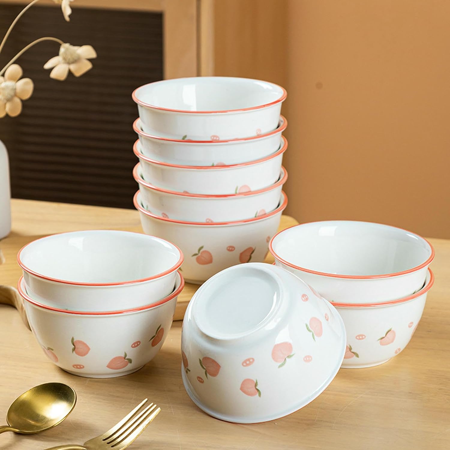 Vintage Rice Bowls ，Ceramic Tableware Rice Bowl10PC- Japanese household simple and exquisite underglaze ceramic rice bowl with high temperature resistance(Honey peach)