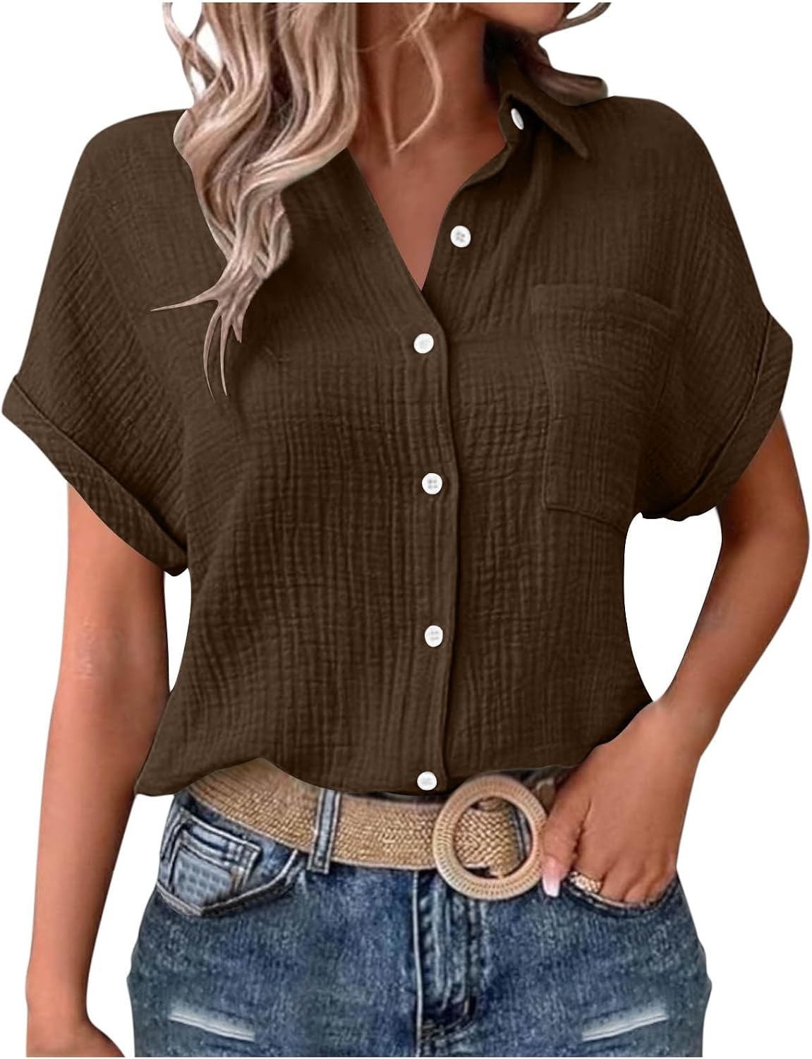 Summer Tops for Women 2025 Trendy Plus Size Short Sleeve T Shirt Casual Button v Neck Tunic Blouses
