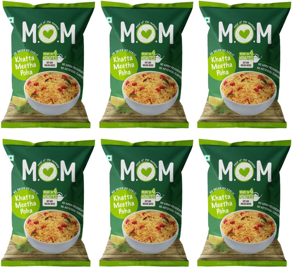 MOM - Meal of the Moment, Poha Pouch (Pack of 6), 60g each | Ready to Eat | No Added Preservatives | No Artificial Flavours