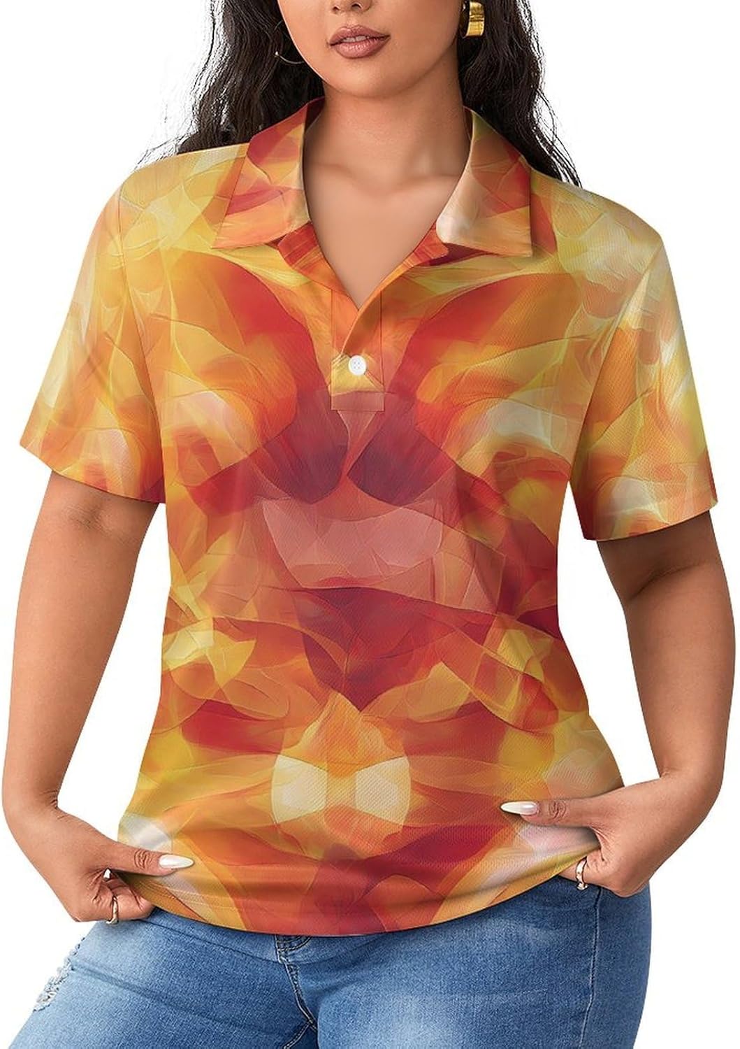 Fire Abstract Flame Women's Golf Polo Shirts Short Sleeve Quick Dry Tennis Tops Casual Work Blouses