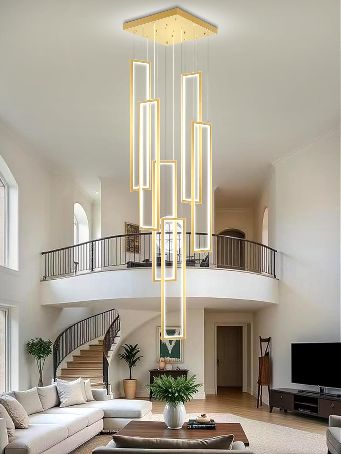 Flashing God Modern Chandelier,Gold Chandeliers with 6 Ring Led Foyer Chandeliers,Larger High Ceiling Chandelier for Living Room,Rectangle Chandelier for Entryway Staircase LED Dimming 2700k-6001k