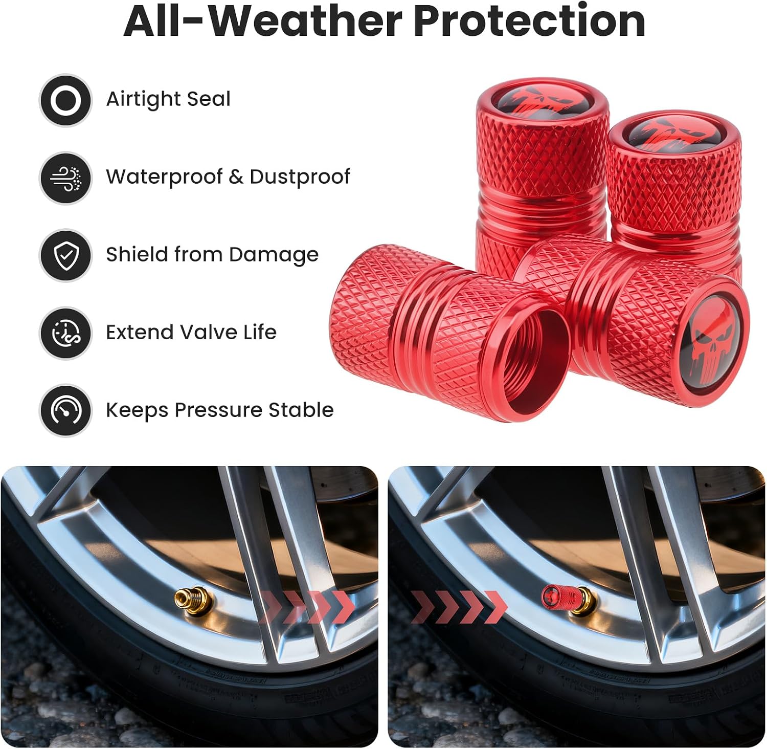 Universal Tire Valve Stem Caps, 4pcs Aluminum Tire Valve Cap Set, Corrosion Resistant Stem Covers for Cars SUVs Trucks Motorcycles Bikes (Skull-Red)