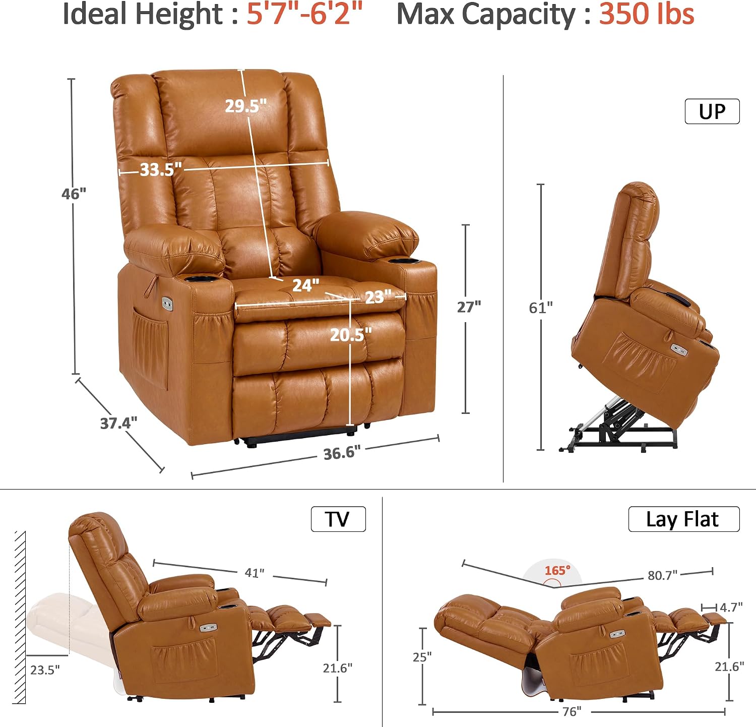 MCombo Dual Motor Large Power Lift Recliner Chair for Elderly, Lay Flat Lift Chair with Heat and Massage, Big Lift Recliner for Tall People, Faux Leather 7896 (Tawny, Large)