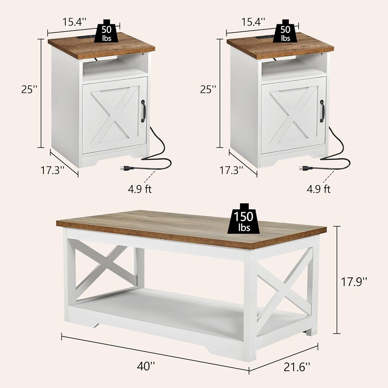 3-Piece Farmhouse Living Room Table Sets, Includes 1 x Coffee Table, 2 x End Tables with Charging Station & USB Ports, Rustic Coffee Table Set of 3, Distressed White