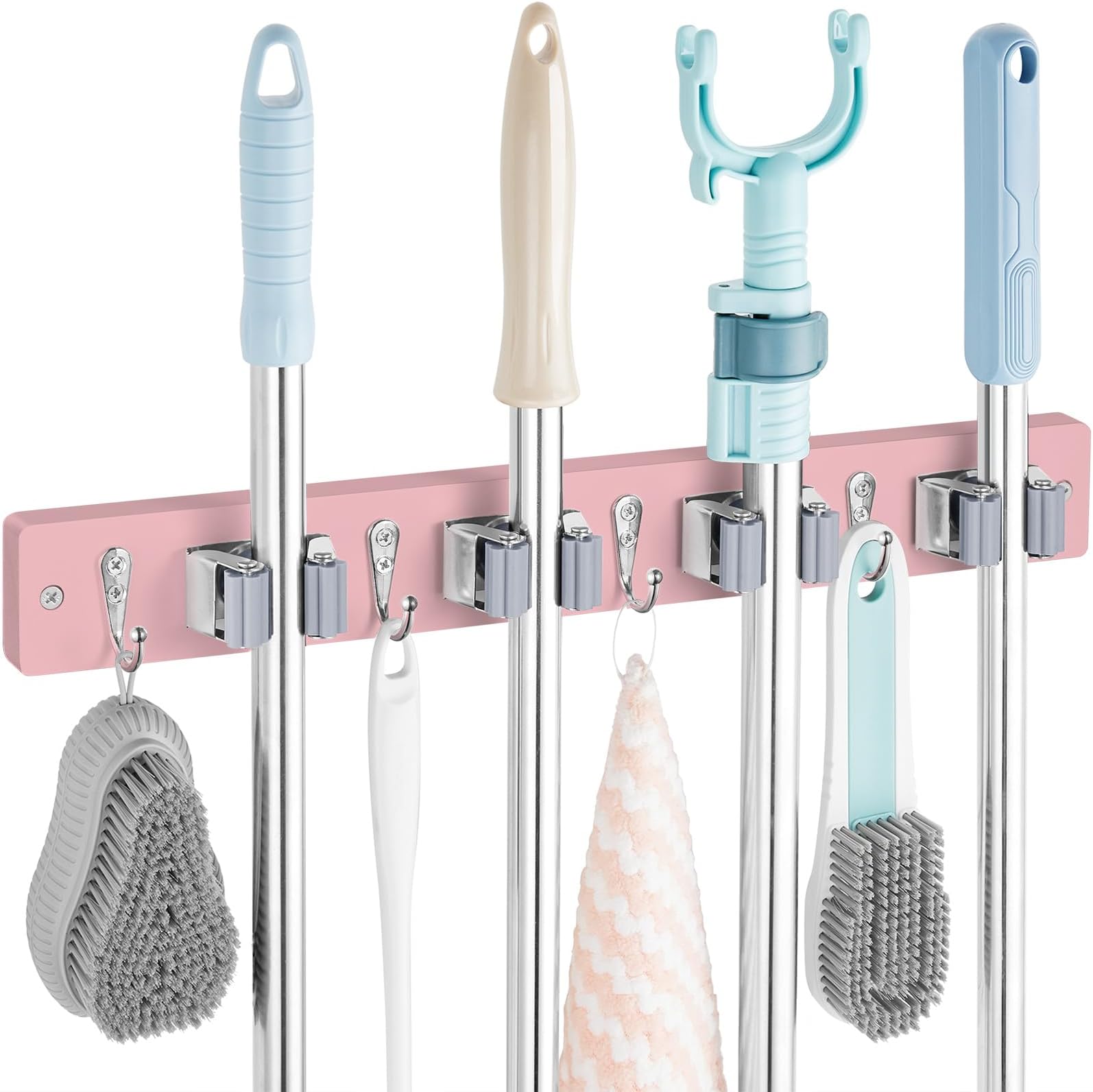 Pink Mop Broom Holder Wall Mount with 4 Slots & 4 Hooks - Wood Broom Mop Hanger for Pantry Closet Laundry Room Kitchen Organization - Pink Kitchen Decor and Accessories