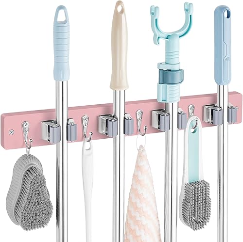 Miniatura 18 de Paquete de 2 Soportes Negros para Escoba y Trapeador de Montaje en Pared - Colgador de Escoba y Trapeador de Madera - Organizador de Estante