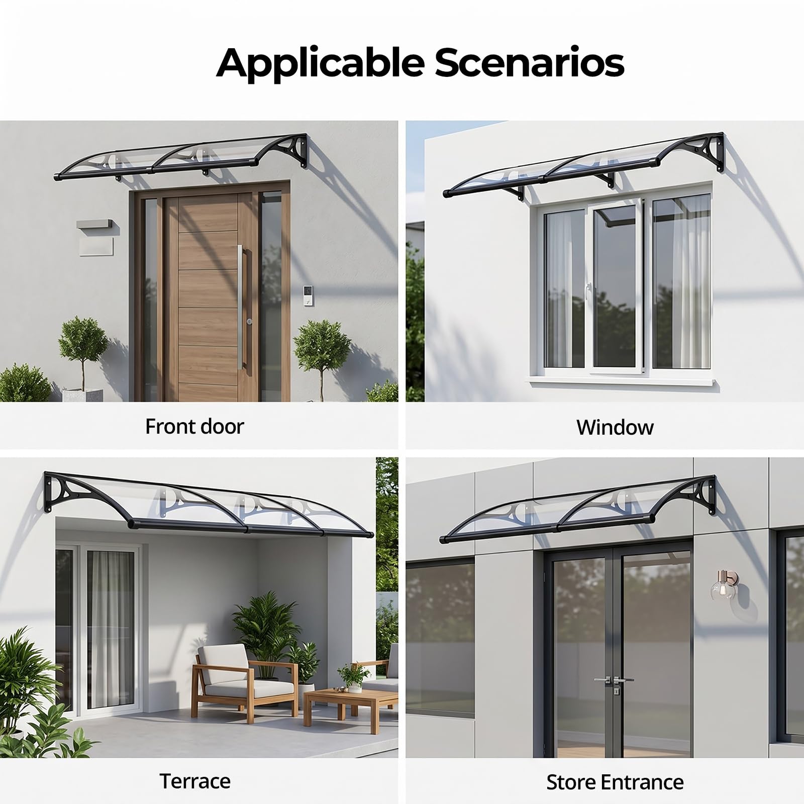 Grauer Türvordach für den Außenbereich, mit Aluminiumhalterung, UV- und Regenschutz, 80 x 90 cm, Außentürabdeckung für Schutz vor Wind und Wetter