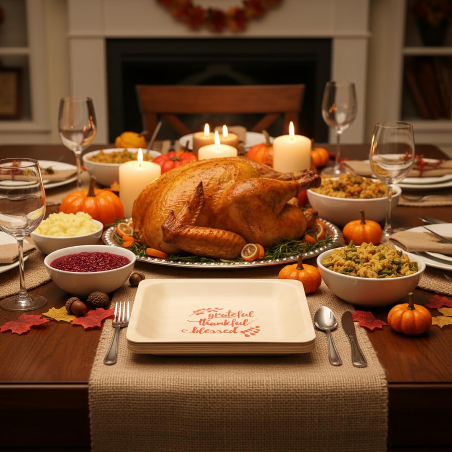 Yaomiao 50 Pcs 7 Inch Thanksgiving Wood Disposable Plates Thankful Grateful Blessd Print Square Disposable Wooden Plate Rectangle Plates Tableware for Appetizer Salad Dessert Wedding Party Events