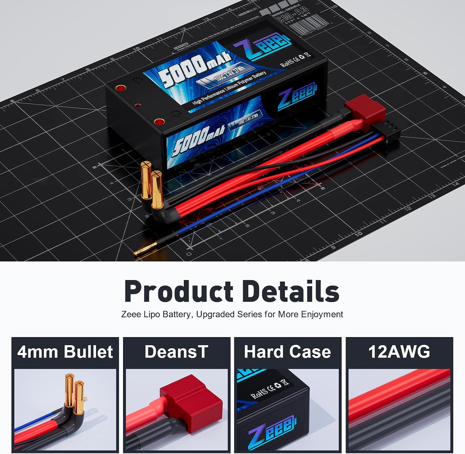 Zeee 2S Shorty Lipo Battery 5000mAh 7.4V 100C Hard Case with 4mm Bullet to T Connector for RC 1/10 Scale Vehicles Car Trucks Boats RC Models