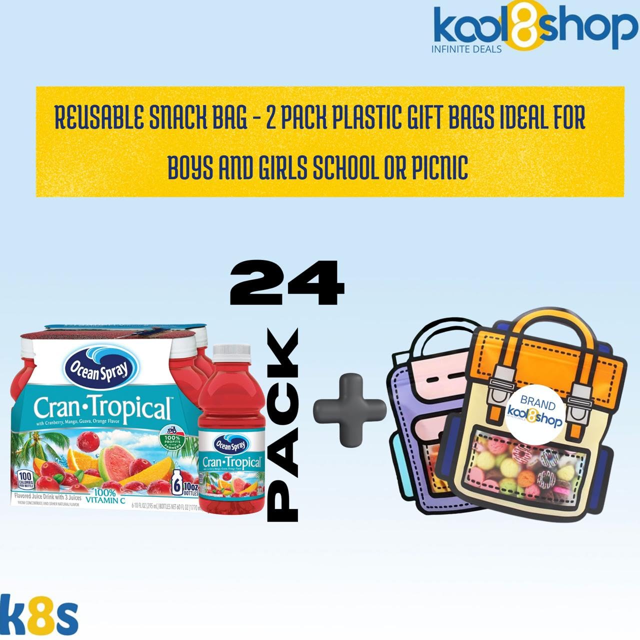 Ocean Spray Cran Tropical Fruit Juice Drink 10 fl oz Plastic Bottles 24 Pack + 2 Reusable Snack Bags by KOOL8SHOP Infinite Deals