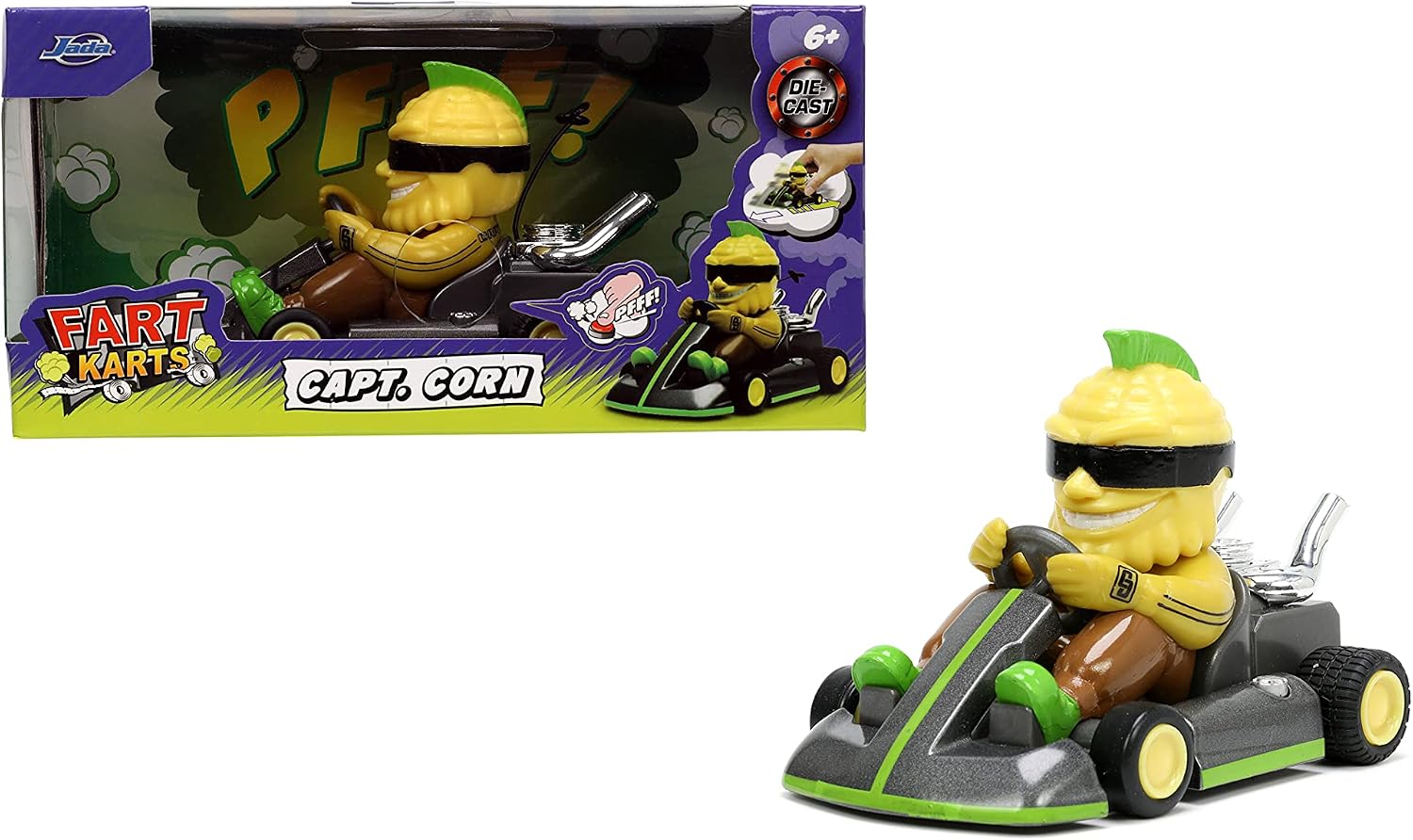 Jada Toys Fart Karts Captain Corn Pull Back Car, 3.5” Toys for Kids Ages 6+ (32788), White/Green, 3.75 inches