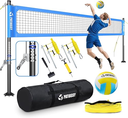 Juego de red de voleibol profesional portátil para exteriores con postes de aluminio de altura ajustable, sistema de cabrestante, voleibol con bomba
