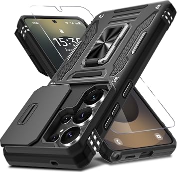 DEERLAMN Case for Samsung Galaxy S26 Ultra 6.9-Inch with Slide Camera Cover+Screen Protector1 Pack, Rotated Ring Kickstand Military Grade Shockproof Protective Cover-Black