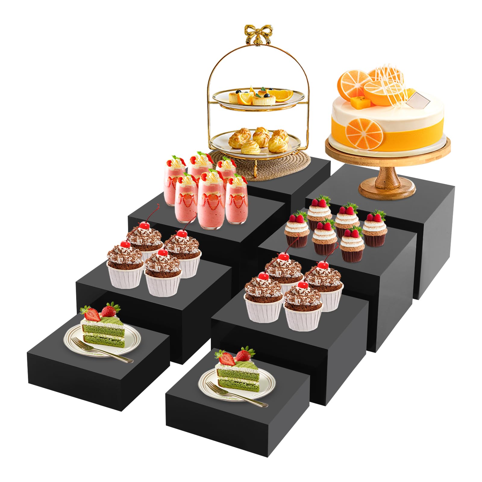 Hurrylying Black 8 Pieces Acrylic Stands For Exhibition, Food Stands For Buffet Cake Deco Presentation, Wedding And Party, Reusable Acrylic Socket Decoration For Cupcakes Nesting Heights (Black)