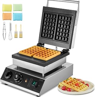 VEVOR kommerzielles Waffeleisen Waffelmaschine 2000 W antihaftbeschichtetes belgisches Waffeleisen aus Edelstahl mit Temperatur- und Zeitregelung, für Restaurant Bäckerei Snackbar 2 Stk. Waffeln