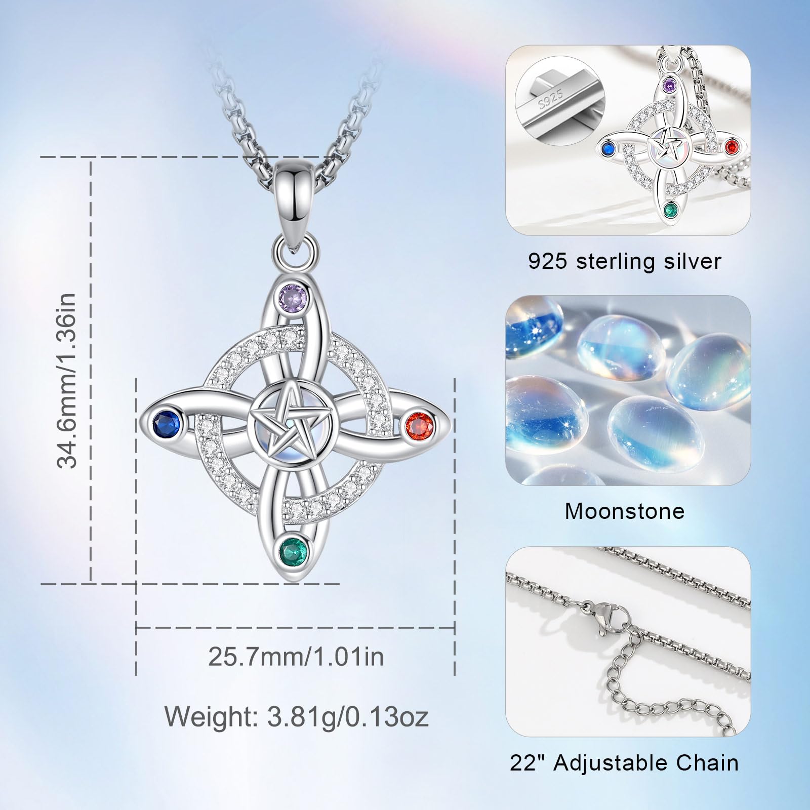 AEONSLOVE Hexenknoten Halskette Damen Silber 925 Irisch Keltischer Knoten Kette mit Mondstein Obsidian Hexenanhänger Hexen Knoten Schmuck
