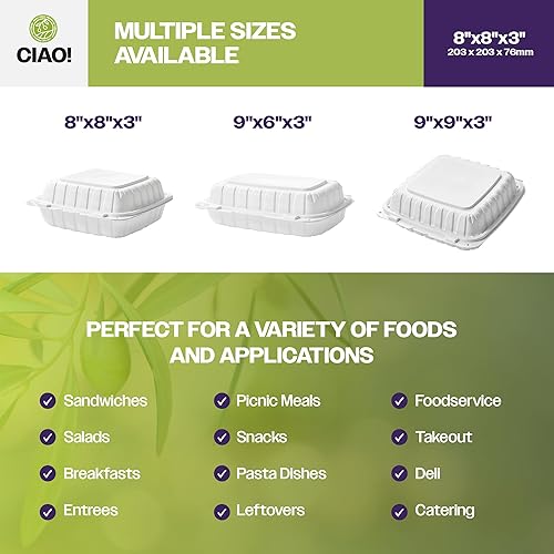 Miniatura 5 de CIAO! Contenedor blanco con bisagras MFPP de 8 x 8 x 3 pulgadas con tapa, 1 compartimento (caja de 200)