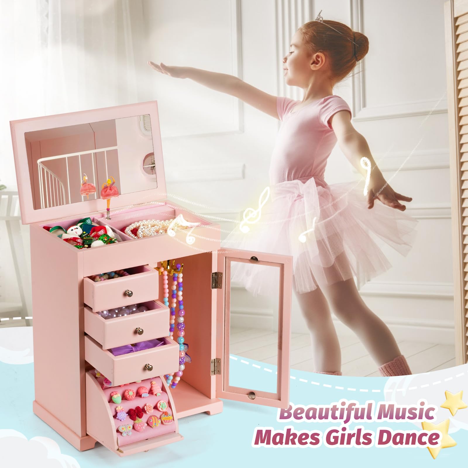 Joyero musical para niñas, caja de música grande de madera para niños con bailarina giratoria y espejo, caja de joyería de 5 capas, regalo para niñas pequeñas, Navidad, Año Nuevo, cumpleaños