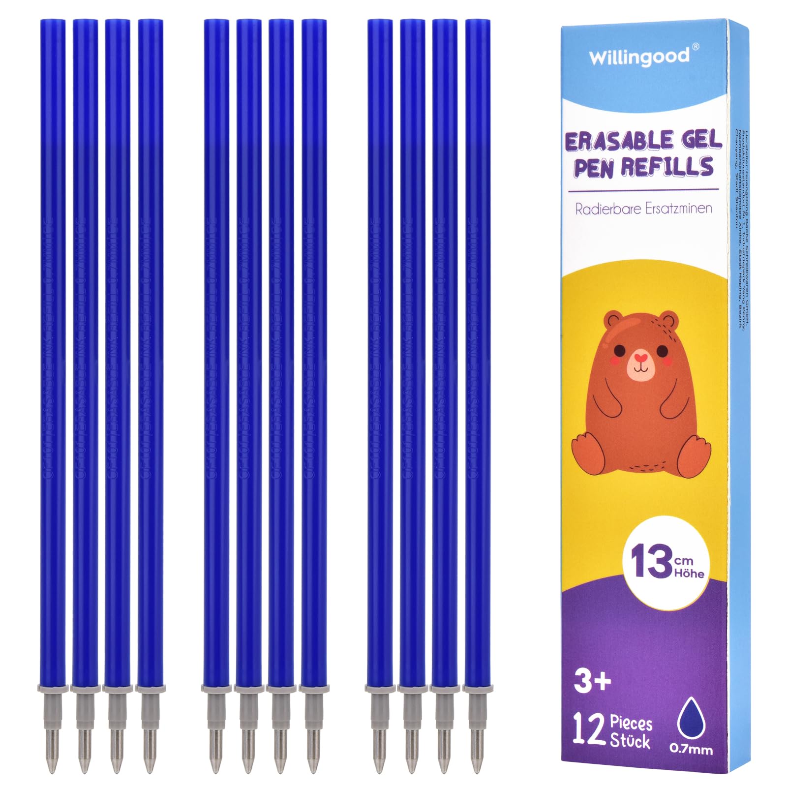 Willingood 12 minas de repuesto borrables azules, compatibles con Legami, fáciles de borrar, punta de bolígrafo de 0,7 mm, altura 13 cm