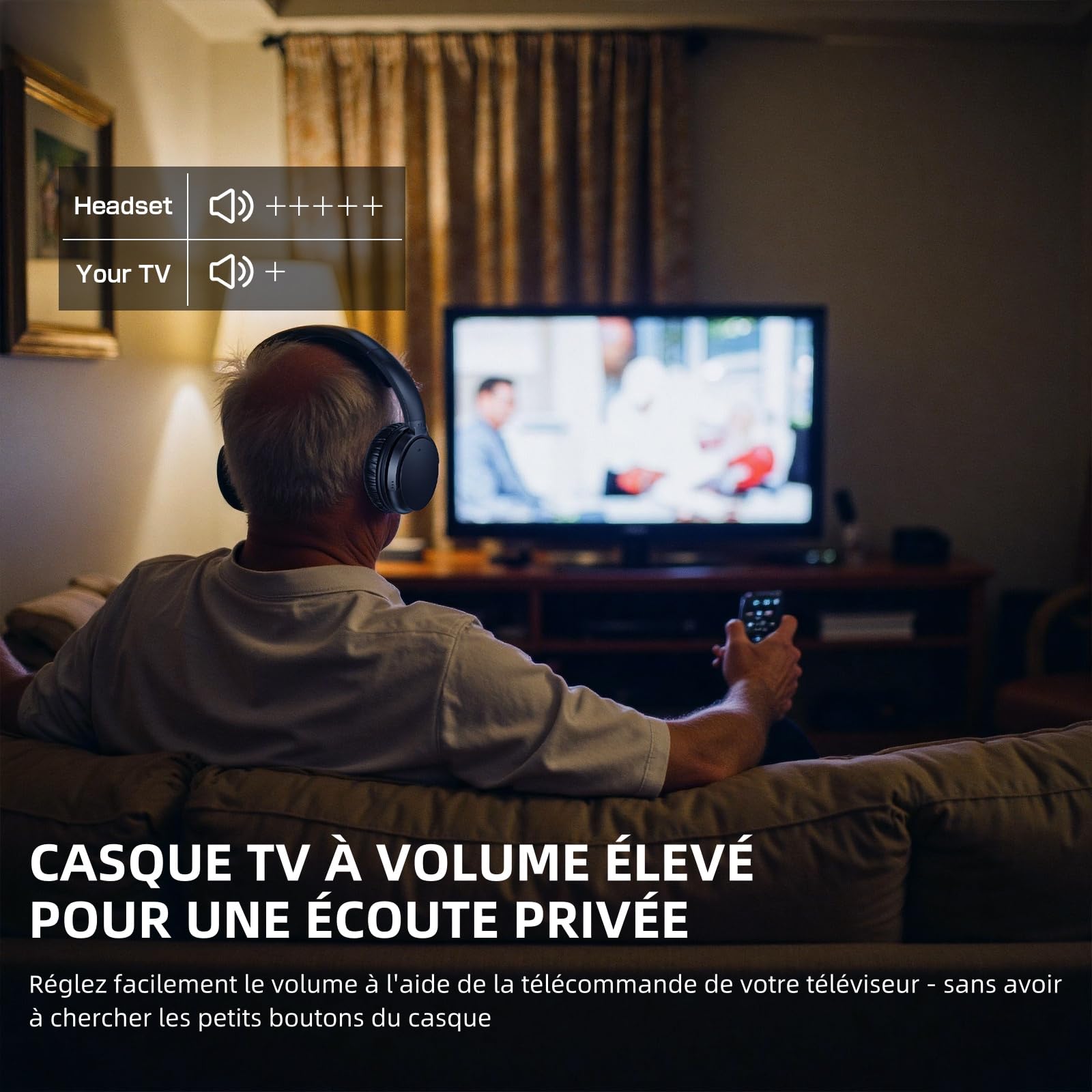 PROW Casque Audio TV Exclusive à Un Seul Bouton pour Seniors, Rechargeable, sans Fil avec Son Fort et Clair pour Les Troubles Auditifs Légers, pour Écoute Privée avec Connexion USB/Optique/RCA/3.5mm
