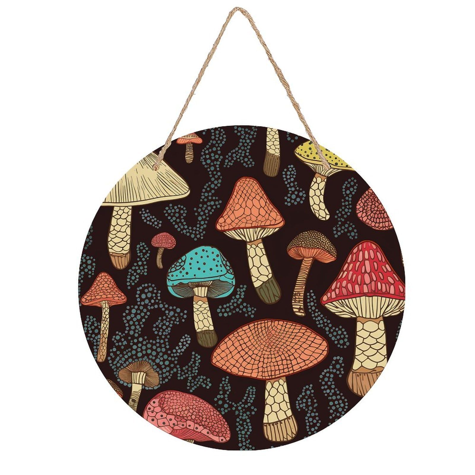 VstaDank Mushroom Wooden Wall Art Decor Round Wood Plaque Wooden Door Hanger Sign with Hole And Hanger Rope Trend Wood Decorative Paintings for Home Outdoor Indoor 7.87 Inch