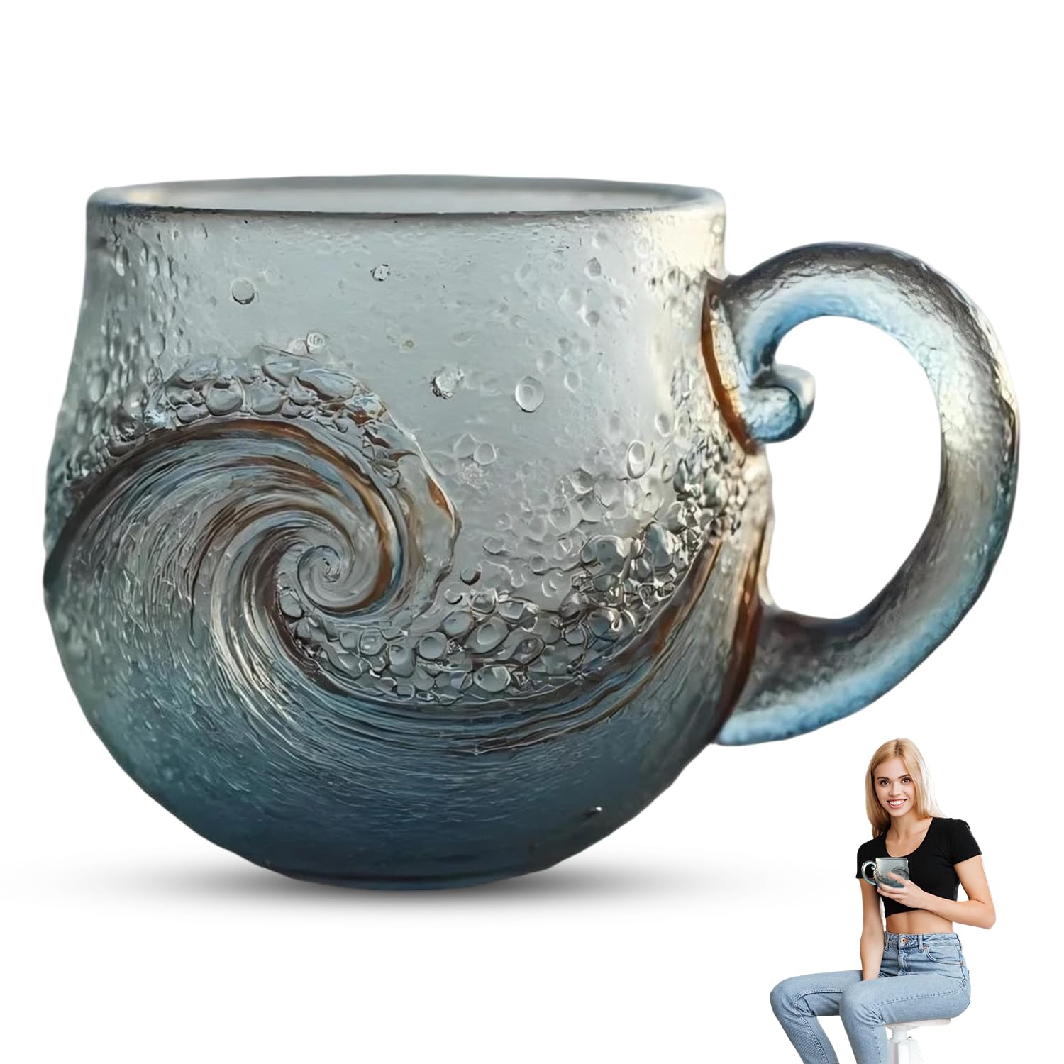 Laicaii Sea Glass Wave Mug, Handmade Ocean Design, Mug for Coffee Tea and Beverages, Sea Glass Gifts for Beach Lovers and Home Decor, 350ml Glass Cup with Wave Art Pattern, Seaglass, Coffee Mugs