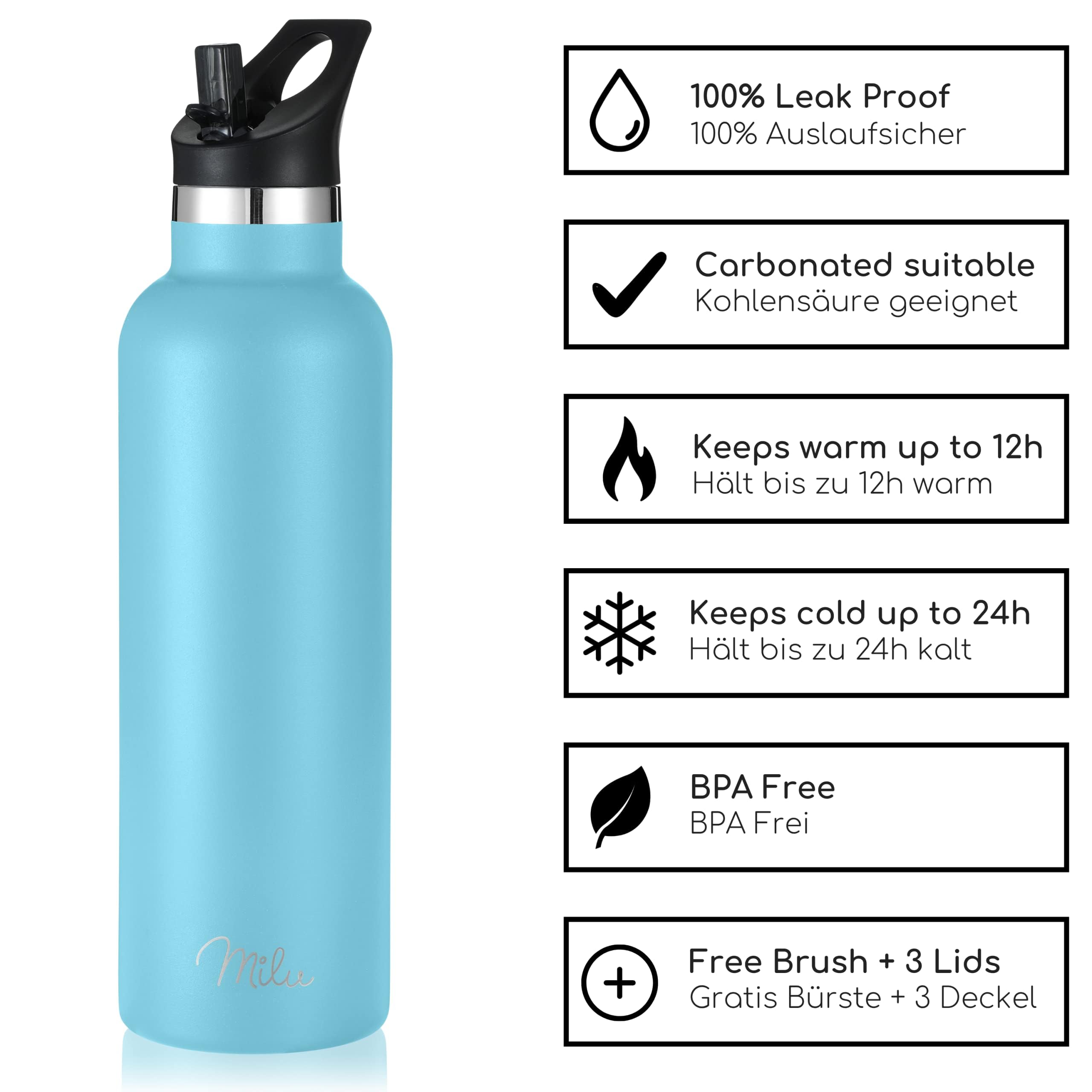 Milu Stainless Steel Drinking Bottle 350ml, 500ml, 750ml, 1l (+3 Lids), Thermo Bottle with Straw, Water Bottle - Image 3
