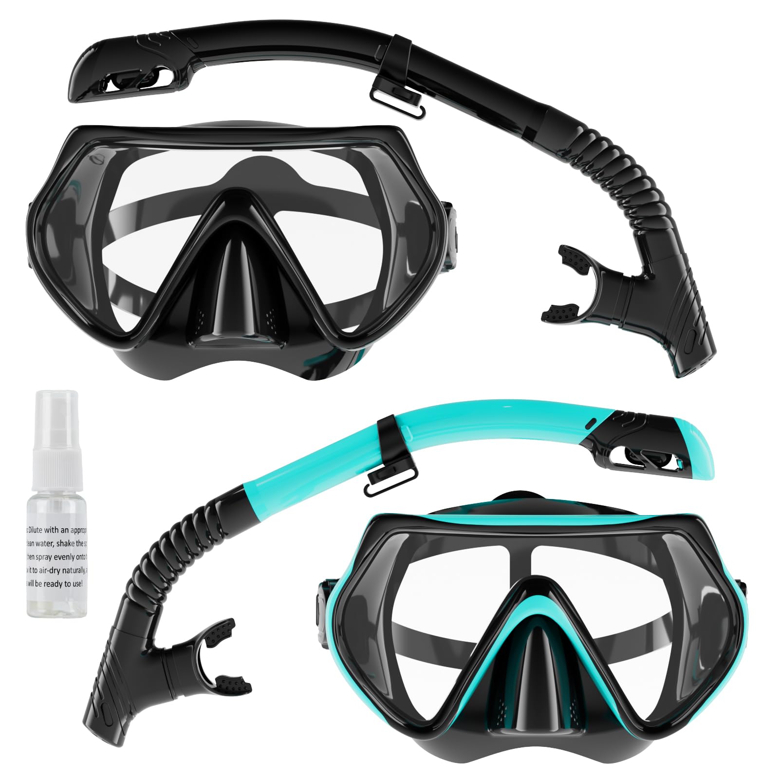 Snorkel Set Adults, Scuba Snorkelling Packages with 180Β° Panoramic Anti-Fog Tempered Glass Snorkel Mask, Leak Proof Dry Top Snorkel for Snorkeling Diving Swimming with Anti Fog SprayοΌBlack+GreenοΌ