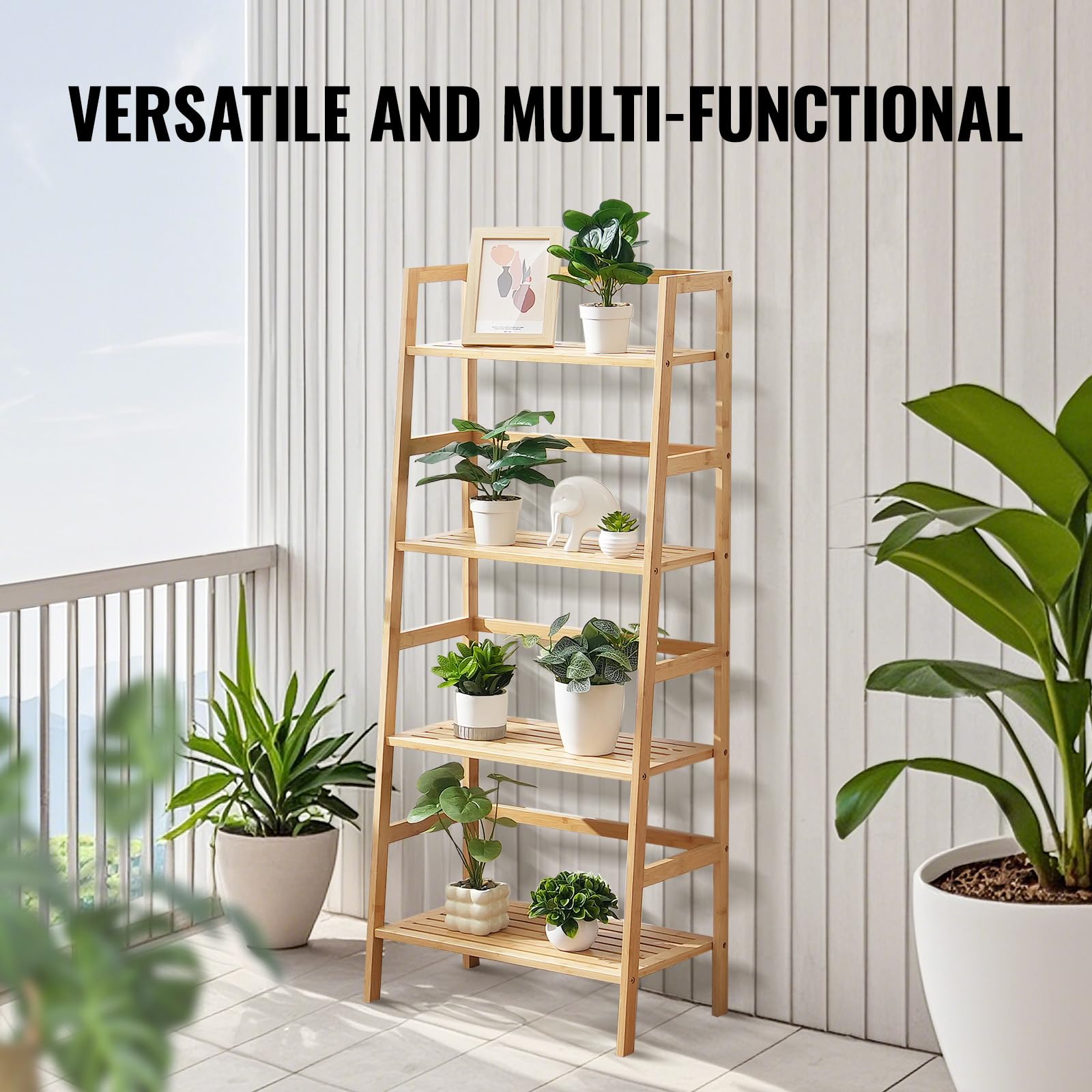 VEVOR Étagère de Salle de Bain à 4 Niveaux, étagère échelle Bambou, étagère de Rangement multifonctionnelle pour présentoir, Support pour Plantes à Fleurs Autonome, bibliothèque pour Cuisine, Maison