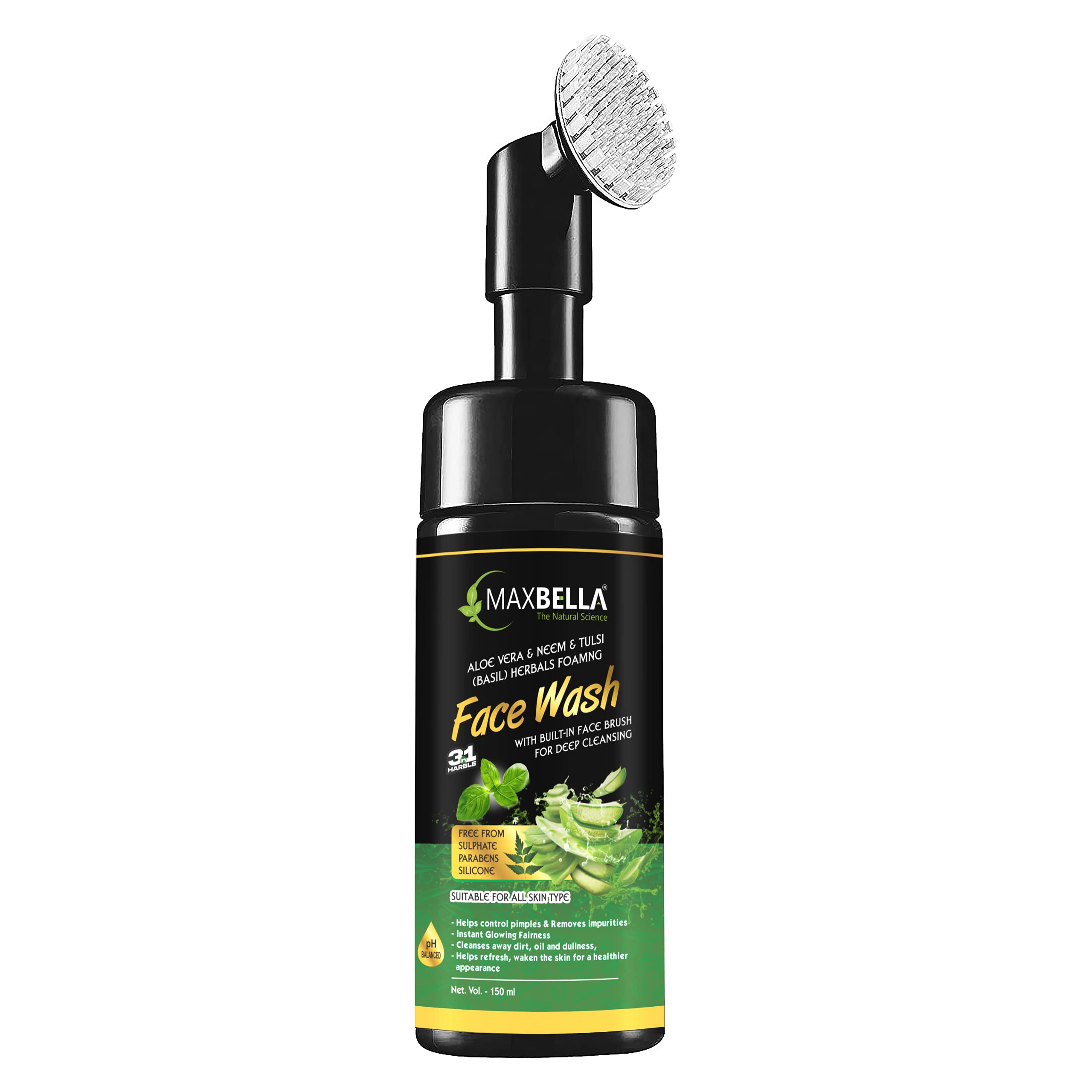 MaxBella Aloe Vera, Neem & Tulsi/Basil Moisturizing Foaming Face Wash with Built-In Face Brush for deep cleansing | No Parabens,Sulphate & Silicones | 150ml