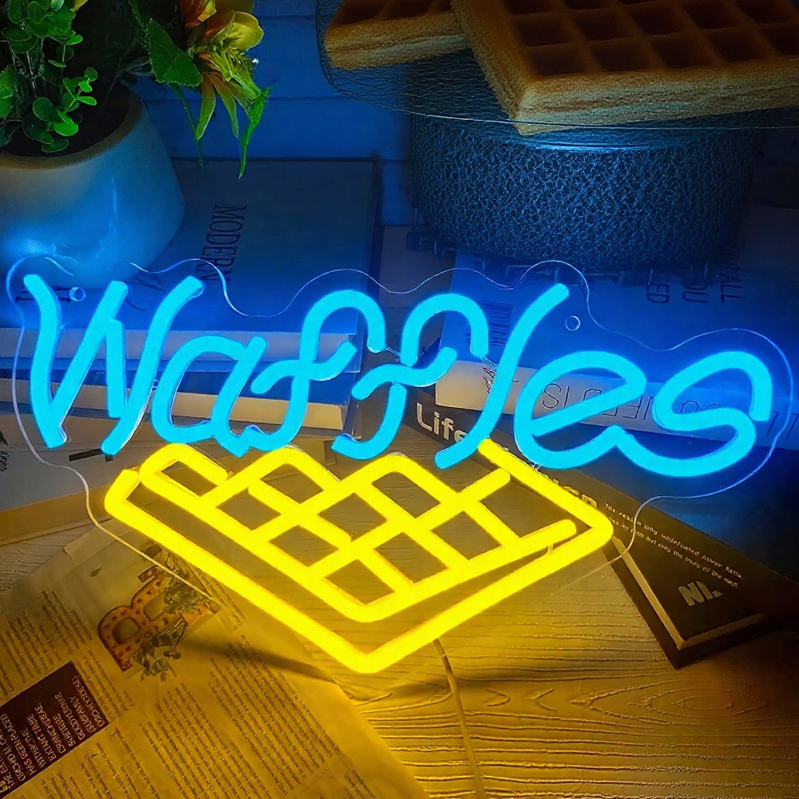 Waffle Neon Sign USB Powered Dimmable Bakery Dessert House LED Lights, Cafe Bar Coffee Shop Home Kitchen Neon Signs for Wall Decor 15.7″ × 8.8″