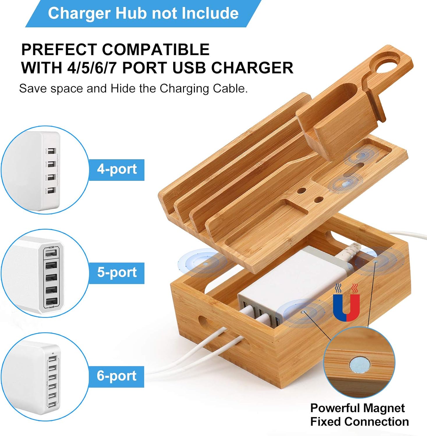 60% Off Discount Bamboo Charging Station for Multiple Devices - Pezin & Hulin Electronic Docking Station Organizer for Smartphone, Smart Watch, Earbuds, Tablet (Included 5 Charging Cables, No Power Supply)