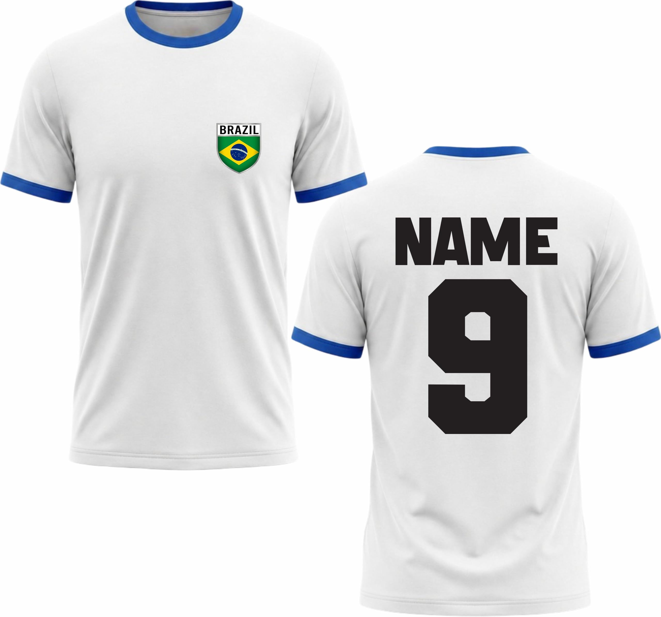 Personalised Brazil Football Ringer T-Shirt Brazil National Pride Tee Custom Name and Number Gift to White/Royal