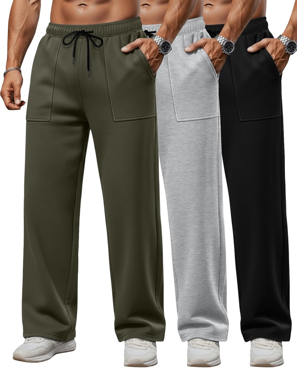 3 Pack Men's Sweatpants Wide Leg Baggy Casual Lounge Pants Open Bottom Drawstring Athletic Pants with Pockets