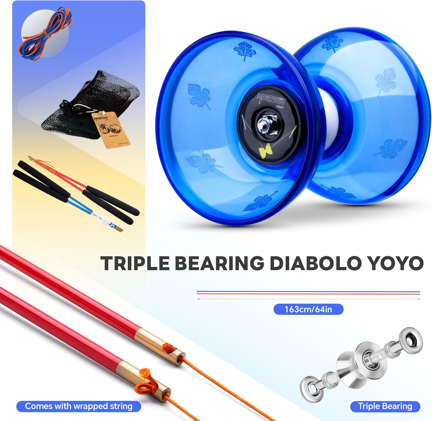 MAGICYOYO Pro Triple Bearing Diabolo Small Size 4” Chinese Yoyo Toy with 2 Pairs Carbon Sticks+ 2 Extra Strings +1 Net Bag, High Performance Chinese Yoyo Diabolo Skill Toy (Blue)