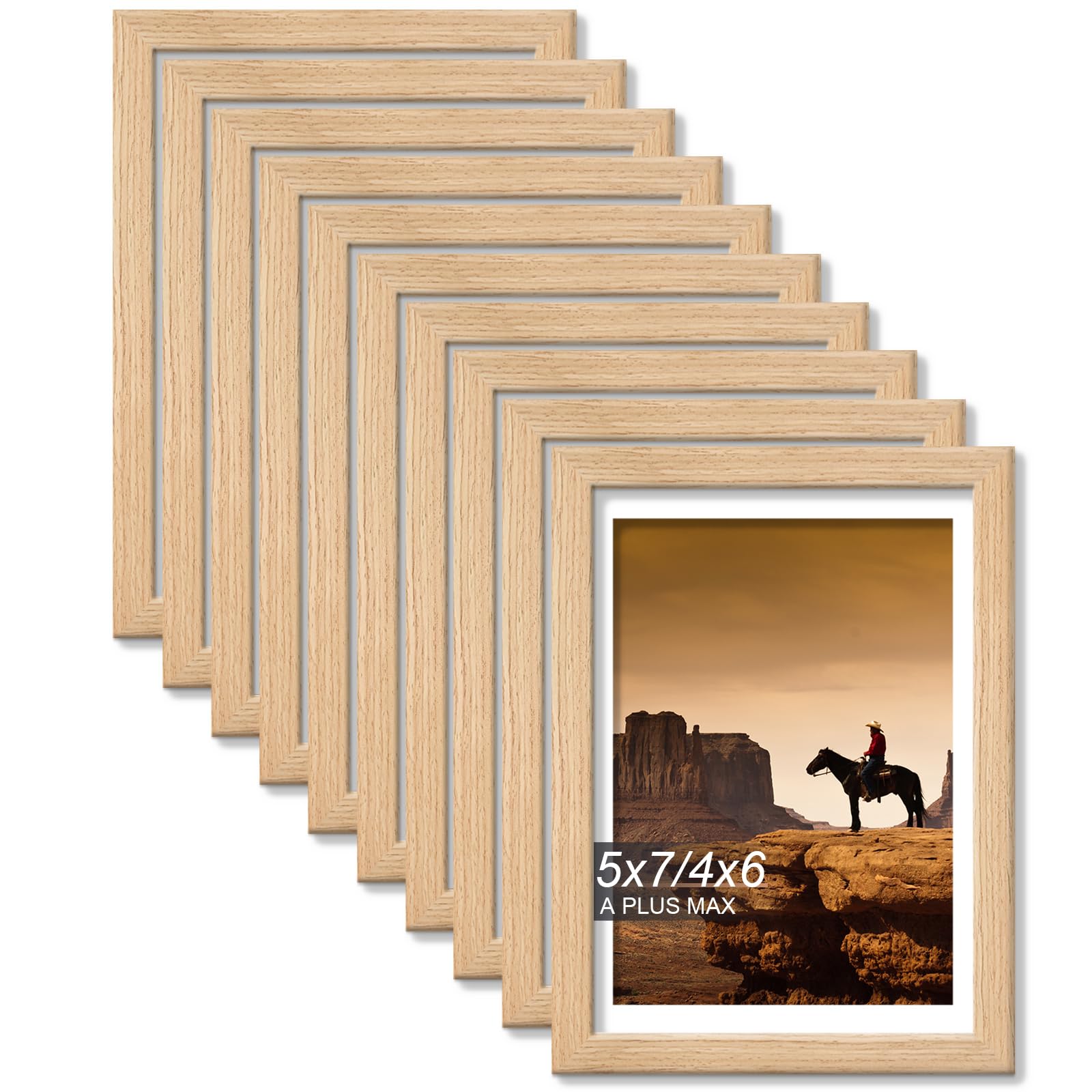 A PLUS MAX 5x7 Picture Frame Set of 10, Natural Engineered Wood Frame for 5 x 7 Inch Picture Poster Photo, Light Weight 5 by 7 Frame with Wood-grain for Wall - 10 Pack/Natural/5"x7" — image 1