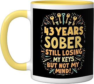 Sobriety 43 Years Sober Still Losing My Keys But Not My Mind Ceramic Mug, Yellow/White, 11oz