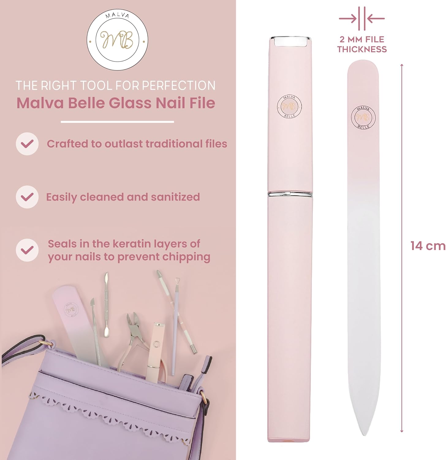 Malva Belle Crystal Glass Nail File for Women - Pastel Pink (2mm)