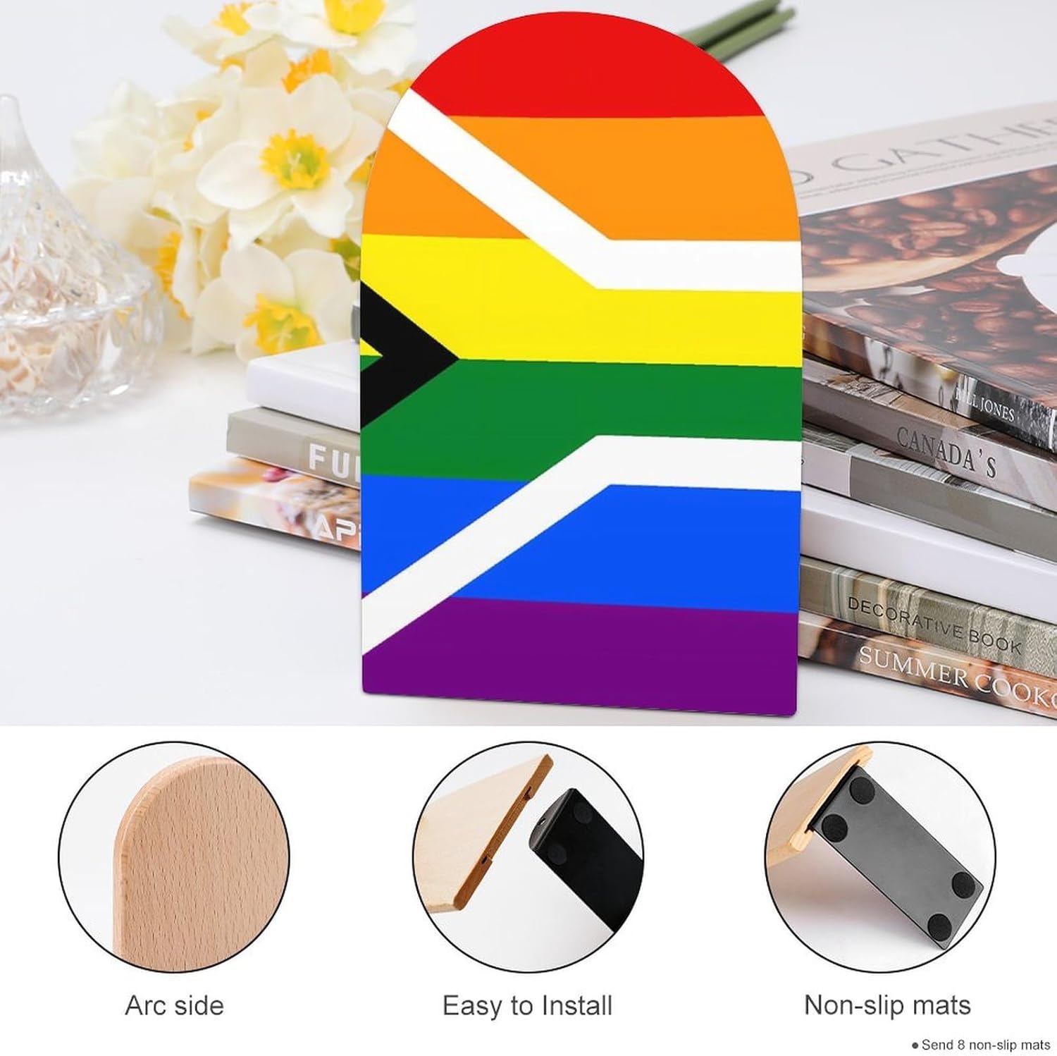 Gay Flag of South Africa Cute Wood Book Ends Decorative Bookends 1 Pair Non-Skid for Shelves Home Office 7 X 5 Inch